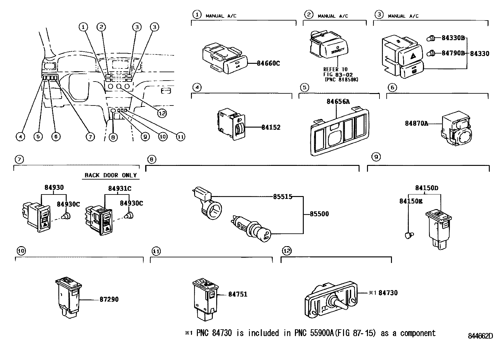 Toyota COROLLA 开关和继电器和ECU EPC diagram — 844662D