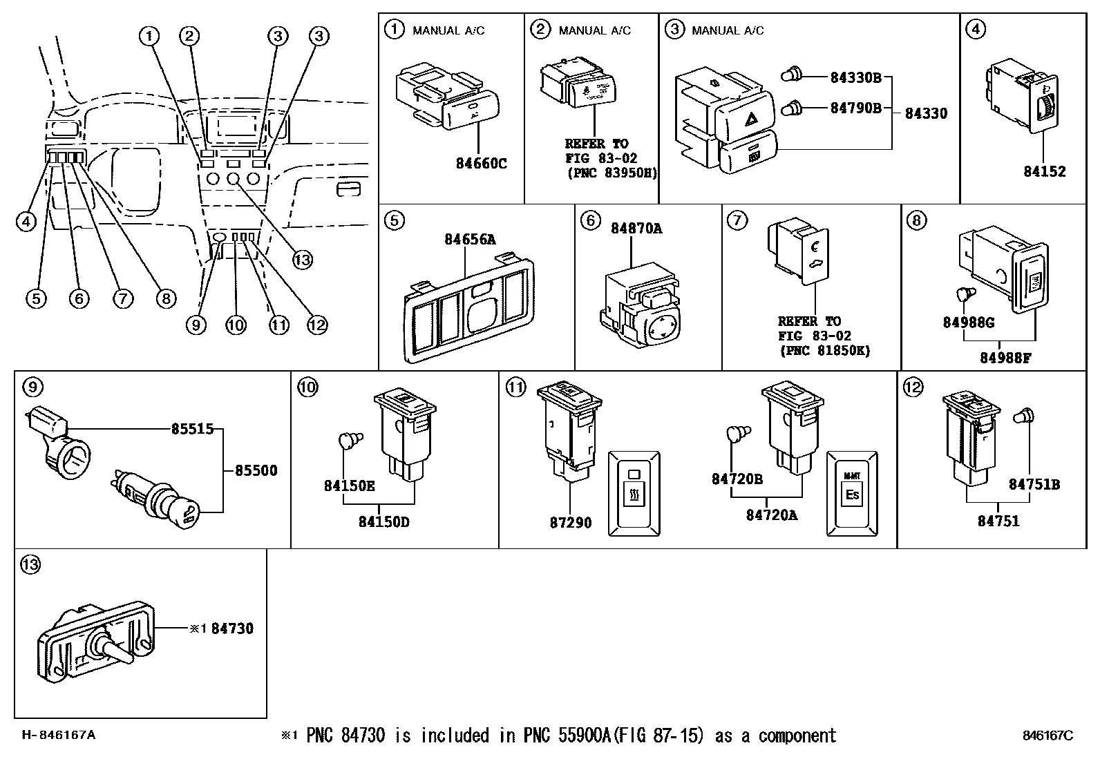 Toyota COROLLA 开关和继电器和ECU EPC diagram — 846167C