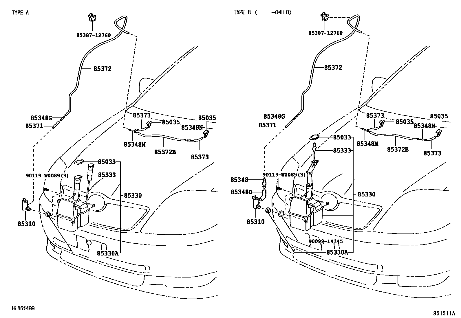 Toyota COROLLA 挡风玻璃清洗器 EPC diagram — 851511A