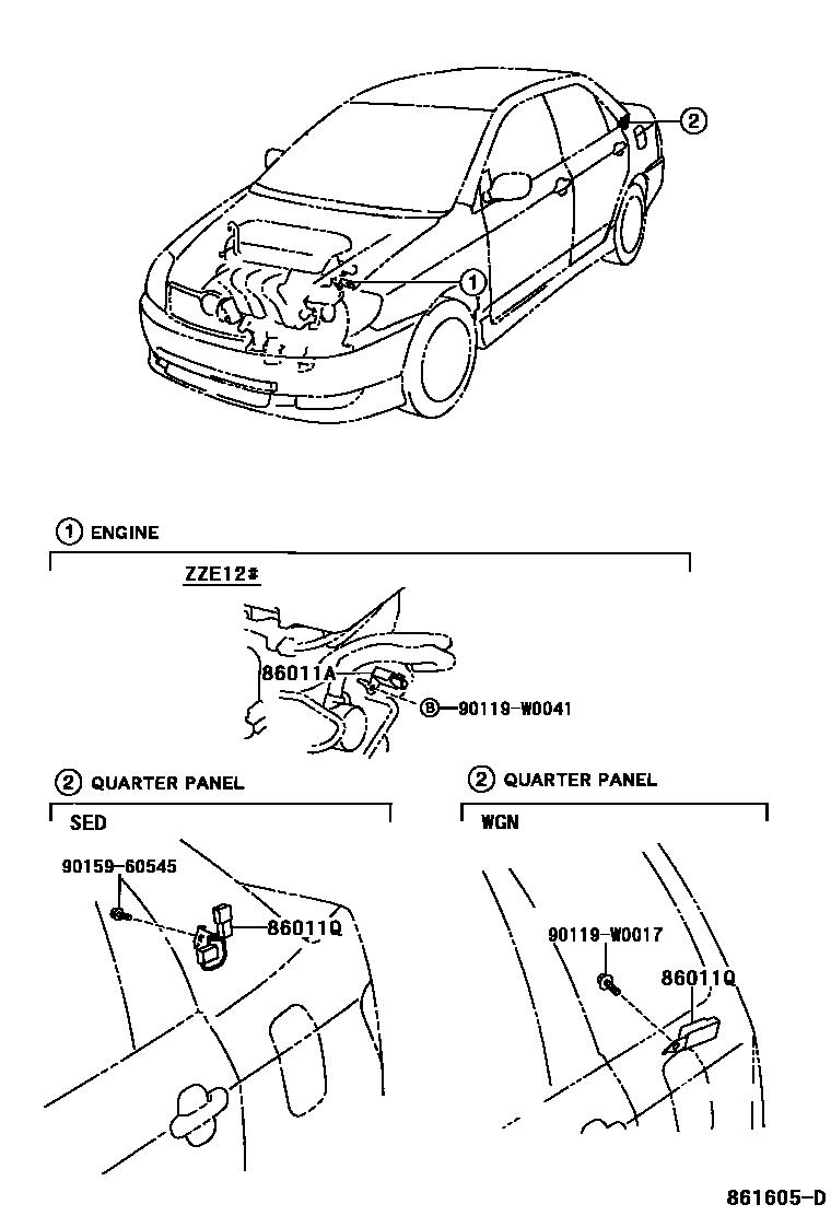 Toyota COROLLA 收音机、放大器和冷凝器 EPC diagram — 861605D