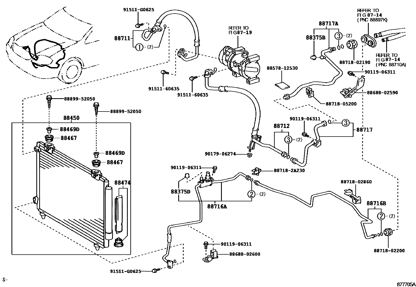 Toyota COROLLA Heating & Air Conditioning - Cooler Piping EPC diagram — 877705A