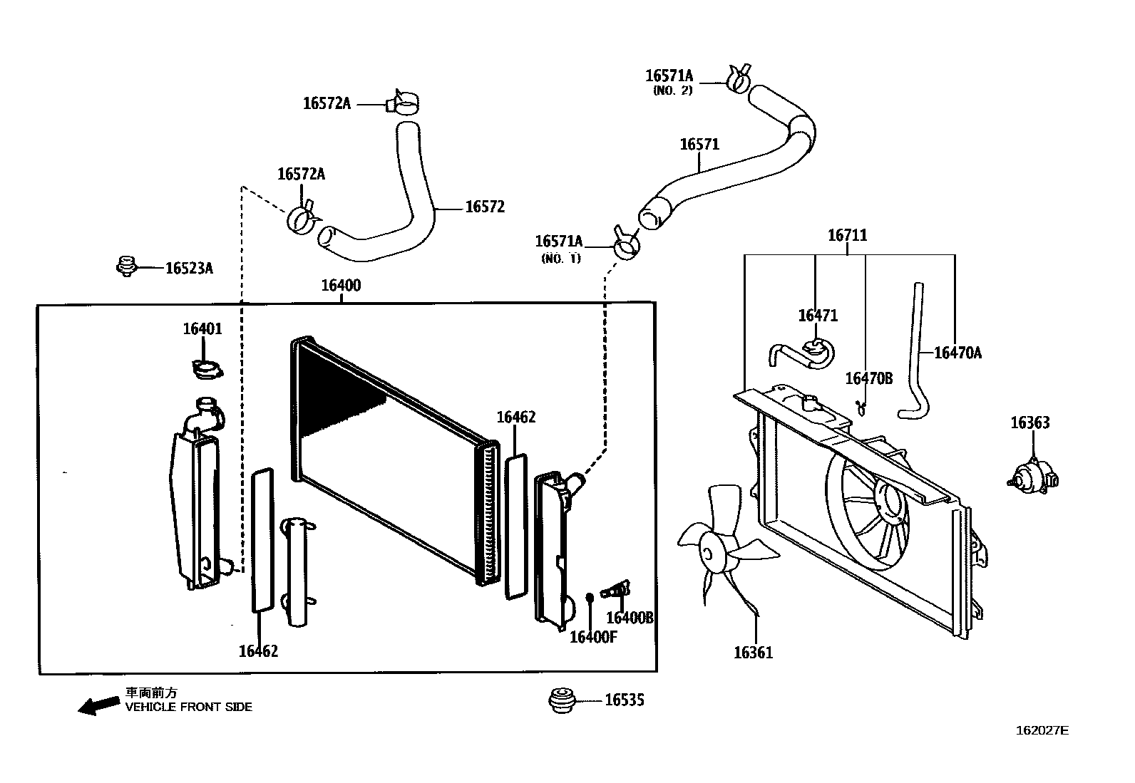 Toyota COROLLA RADIATOR & WATER OUTLET EPC diagram — 162027E
