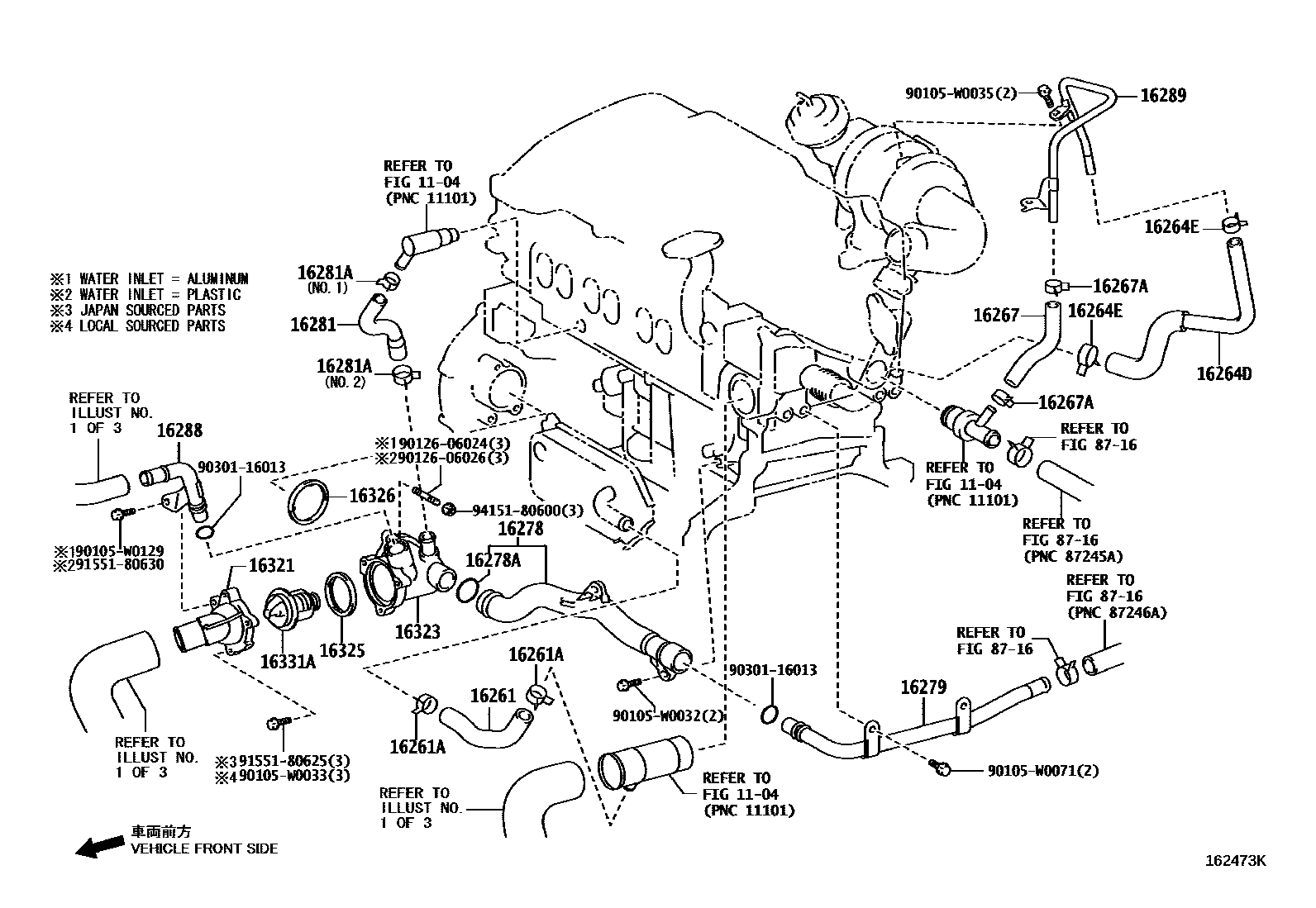 Toyota COROLLA RADIATOR & WATER OUTLET EPC diagram — 162473K