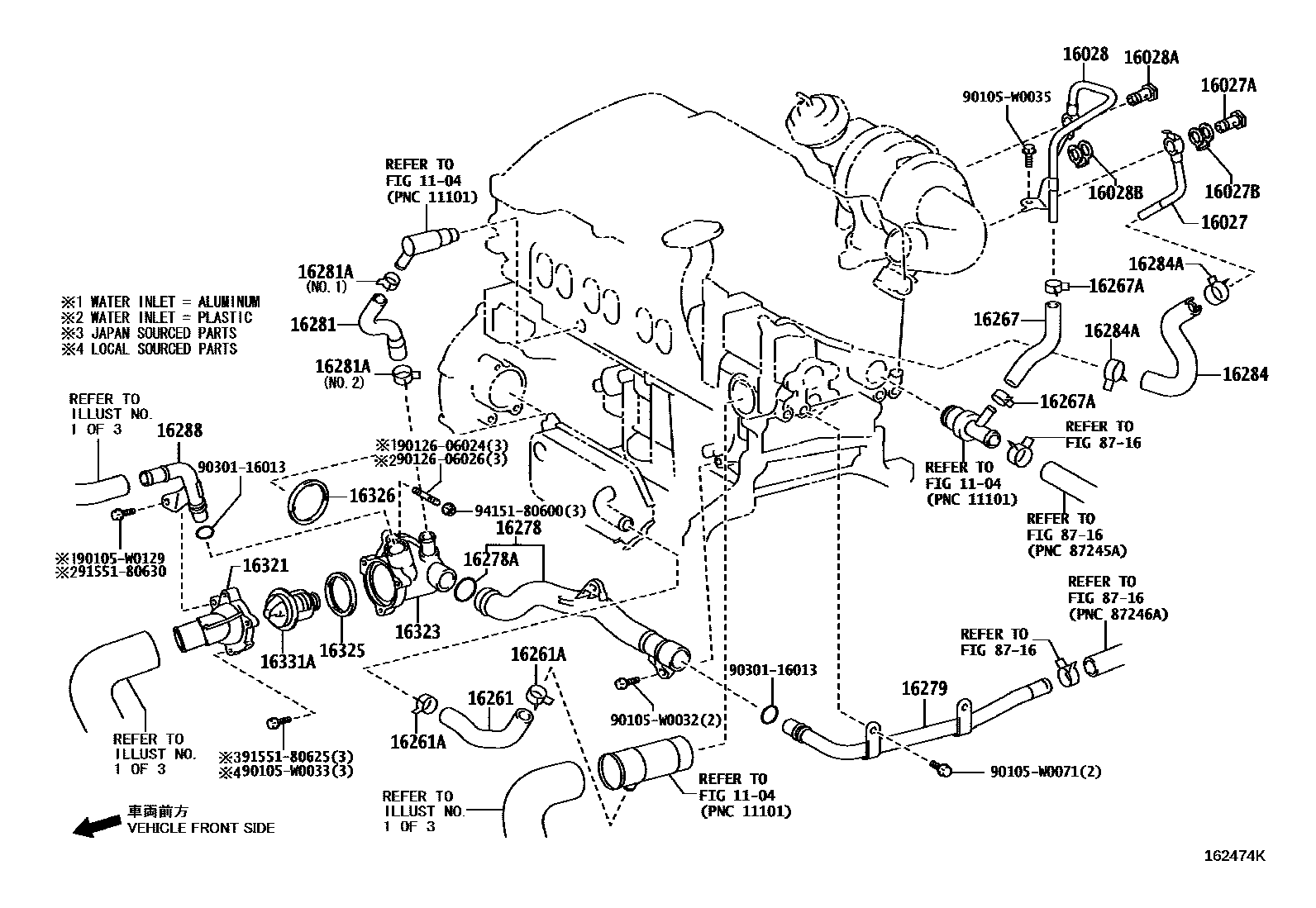 Toyota COROLLA RADIATOR & WATER OUTLET EPC diagram — 162474K