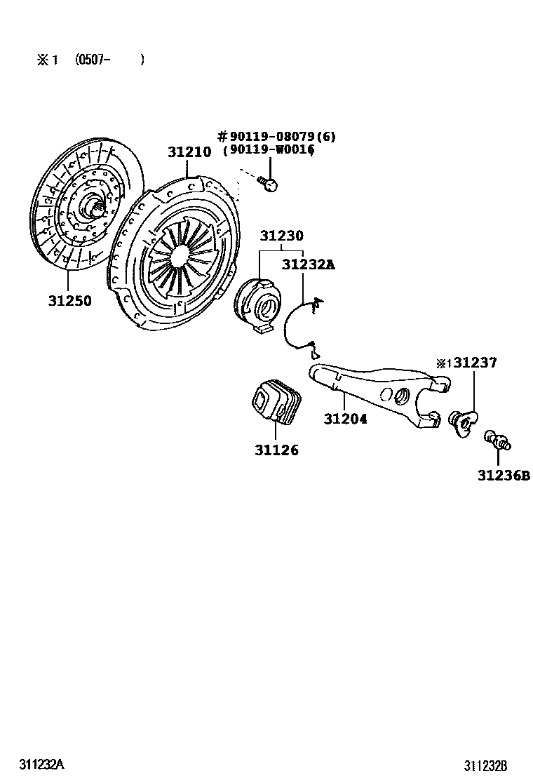 Toyota COROLLA 离合器和分离叉 EPC diagram — 311232B