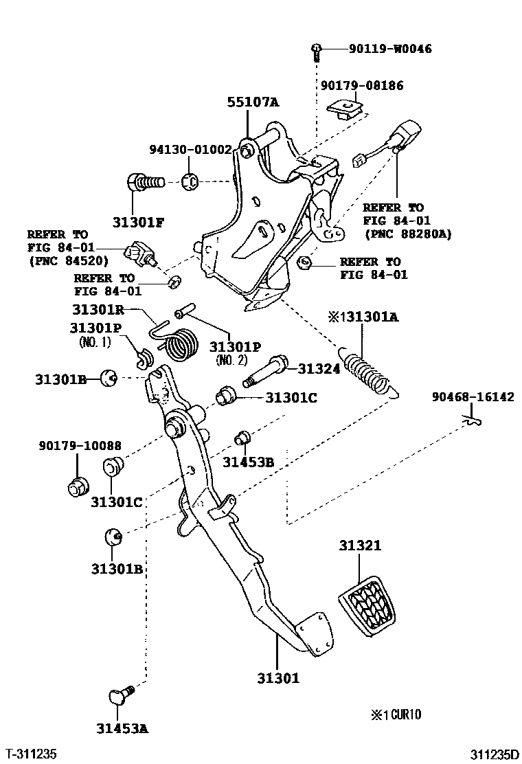 Toyota COROLLA 离合器踏板和挠性软管 EPC diagram — 311235D