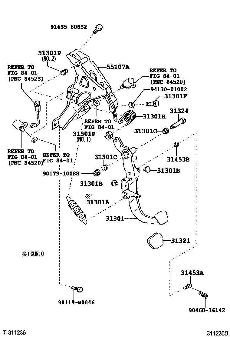 Toyota COROLLA 离合器踏板和挠性软管 EPC diagram — 311236D