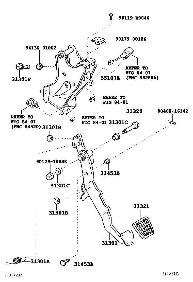 Toyota COROLLA 离合器踏板和挠性软管 EPC diagram — 311237C