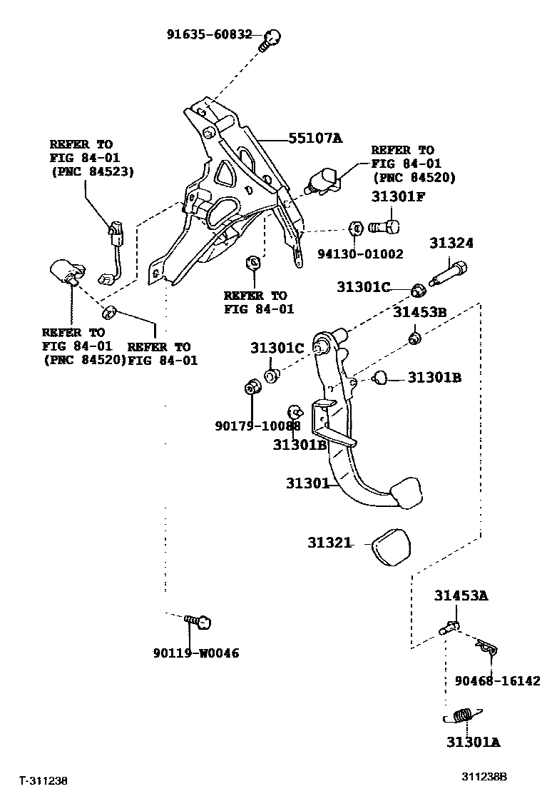 Toyota COROLLA 离合器踏板和挠性软管 EPC diagram — 311238B