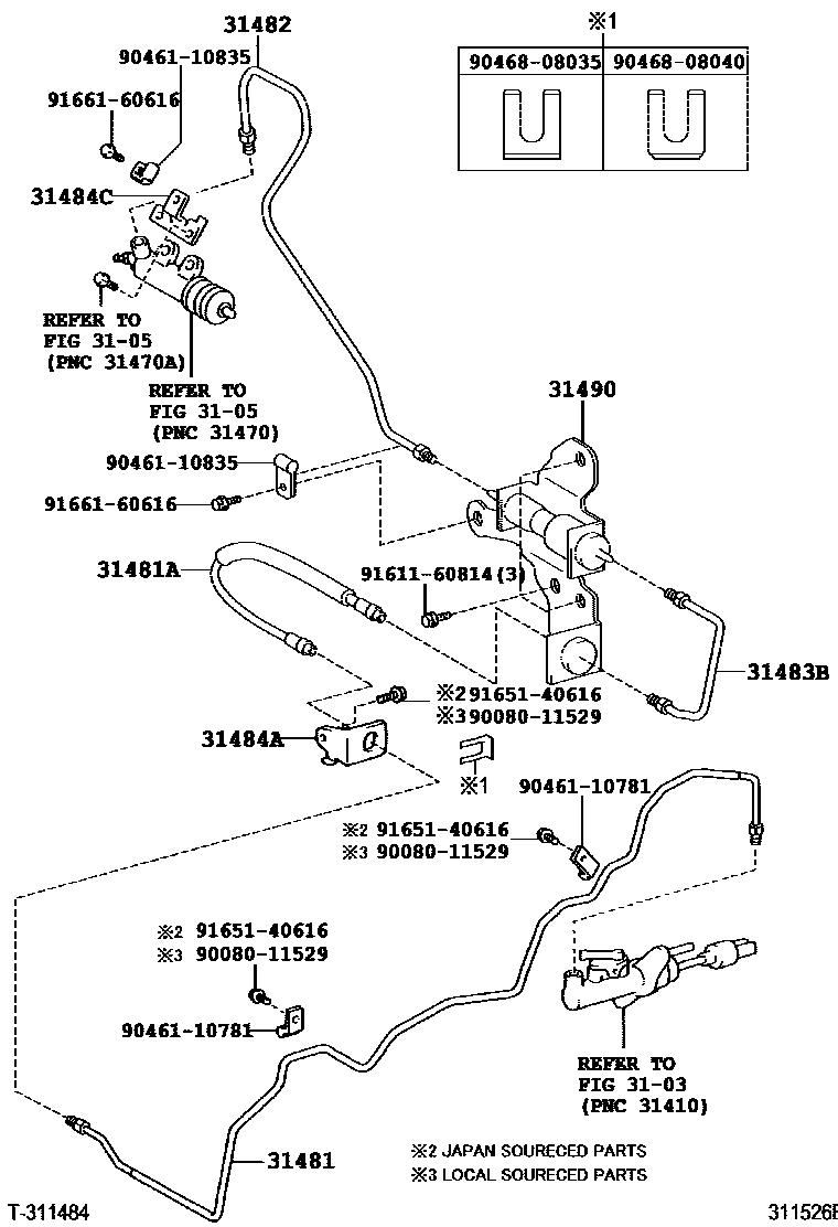 Toyota COROLLA 离合器踏板和挠性软管 EPC diagram — 311526B