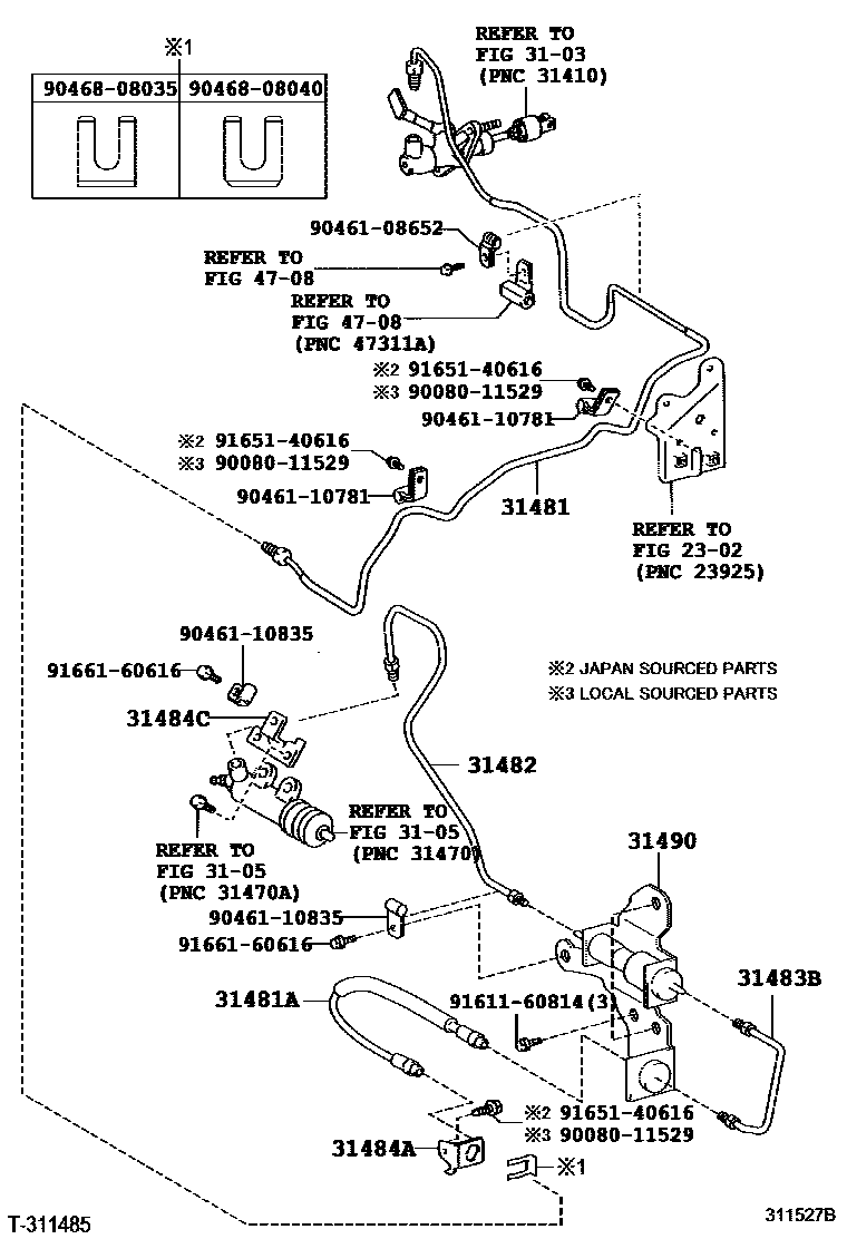 Toyota COROLLA 离合器踏板和挠性软管 EPC diagram — 311527B