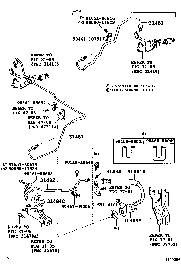 Toyota COROLLA 离合器踏板和挠性软管 EPC diagram — 311905A