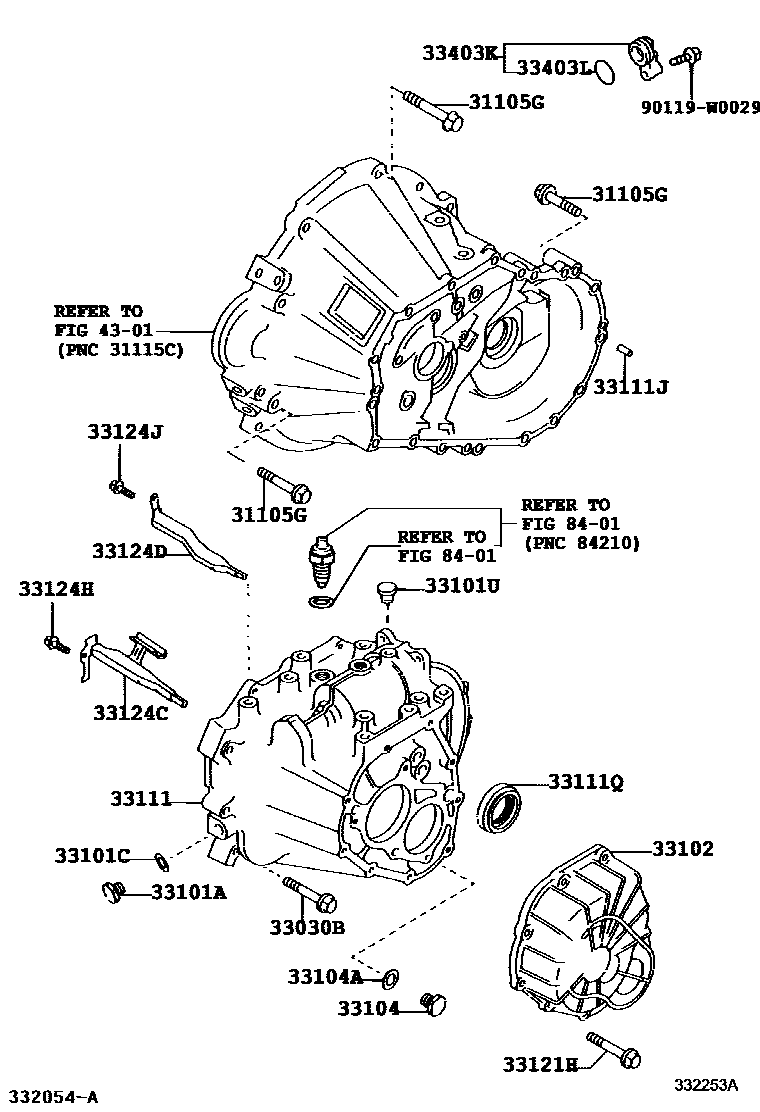 Toyota COROLLA 离合器壳和变速器壳(MTM) EPC diagram — 332253A