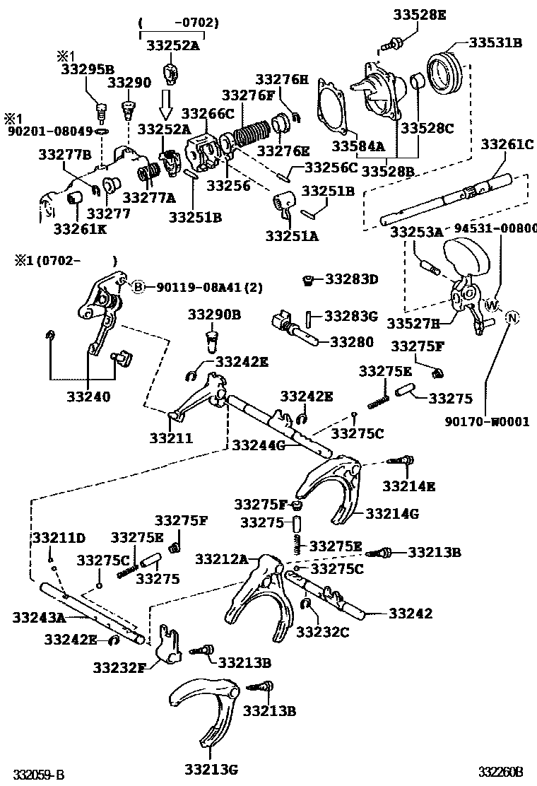 Toyota COROLLA 换档拨叉和换档杆轴(MTM) EPC diagram — 332260B