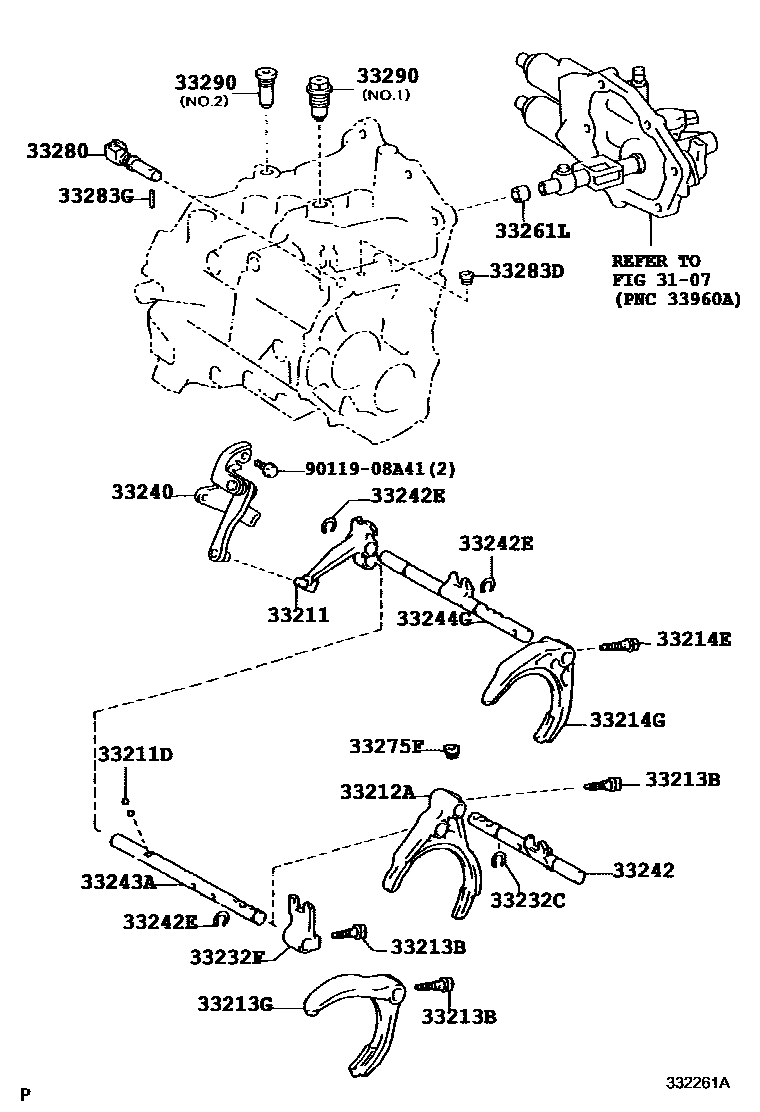 Toyota COROLLA 换档拨叉和换档杆轴(MTM) EPC diagram — 332261A