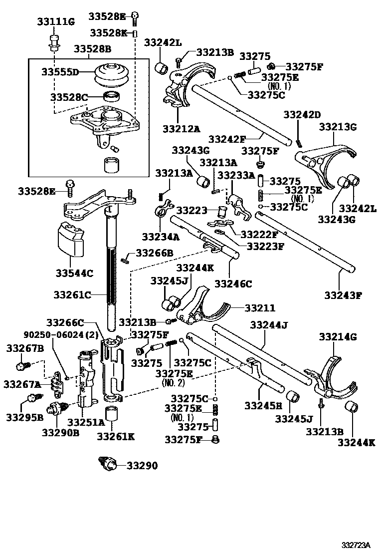 Toyota COROLLA 换档拨叉和换档杆轴(MTM) EPC diagram — 332723A
