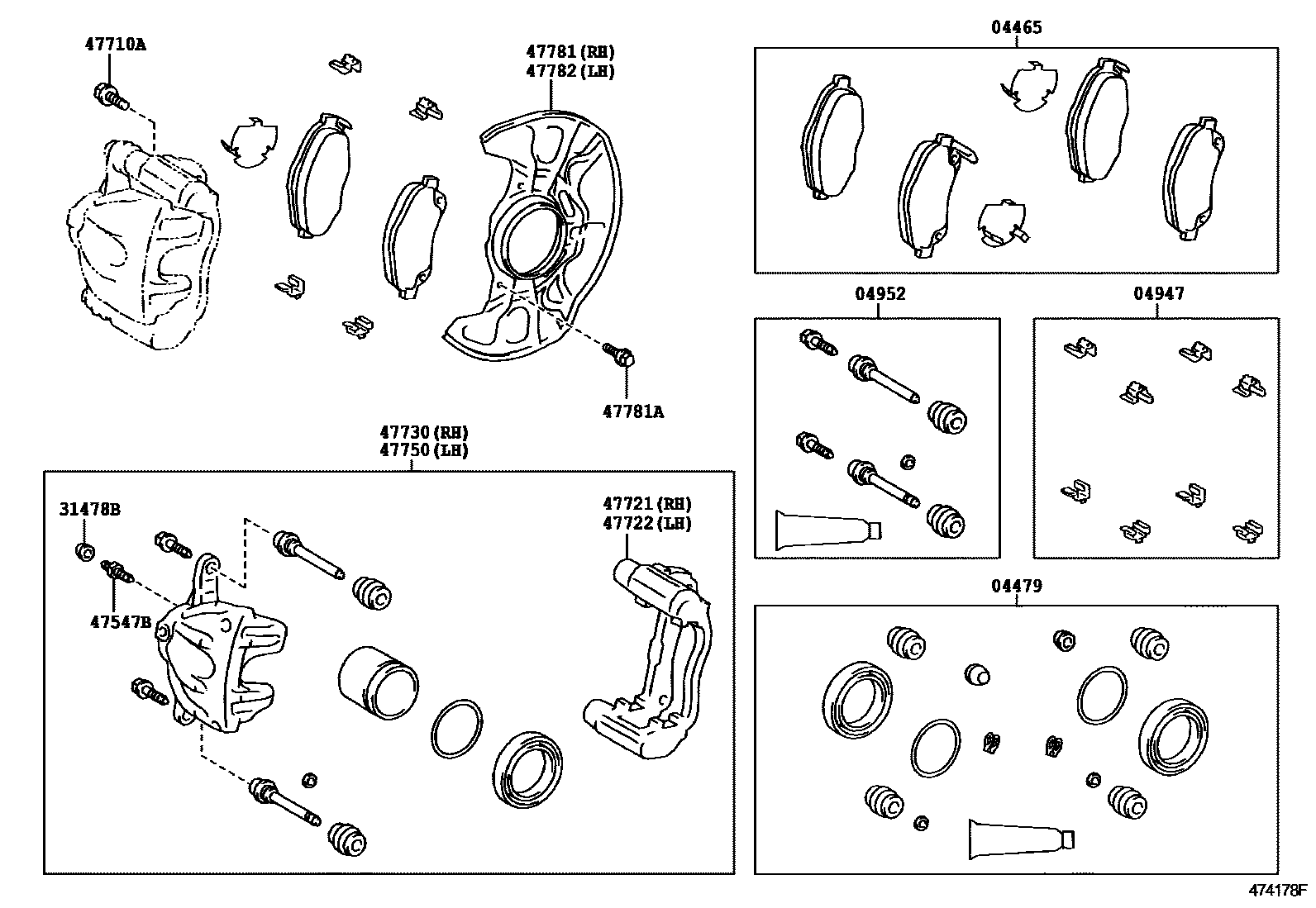 Toyota COROLLA 前盘式制动器卡钳和防尘罩 EPC diagram — 474178F