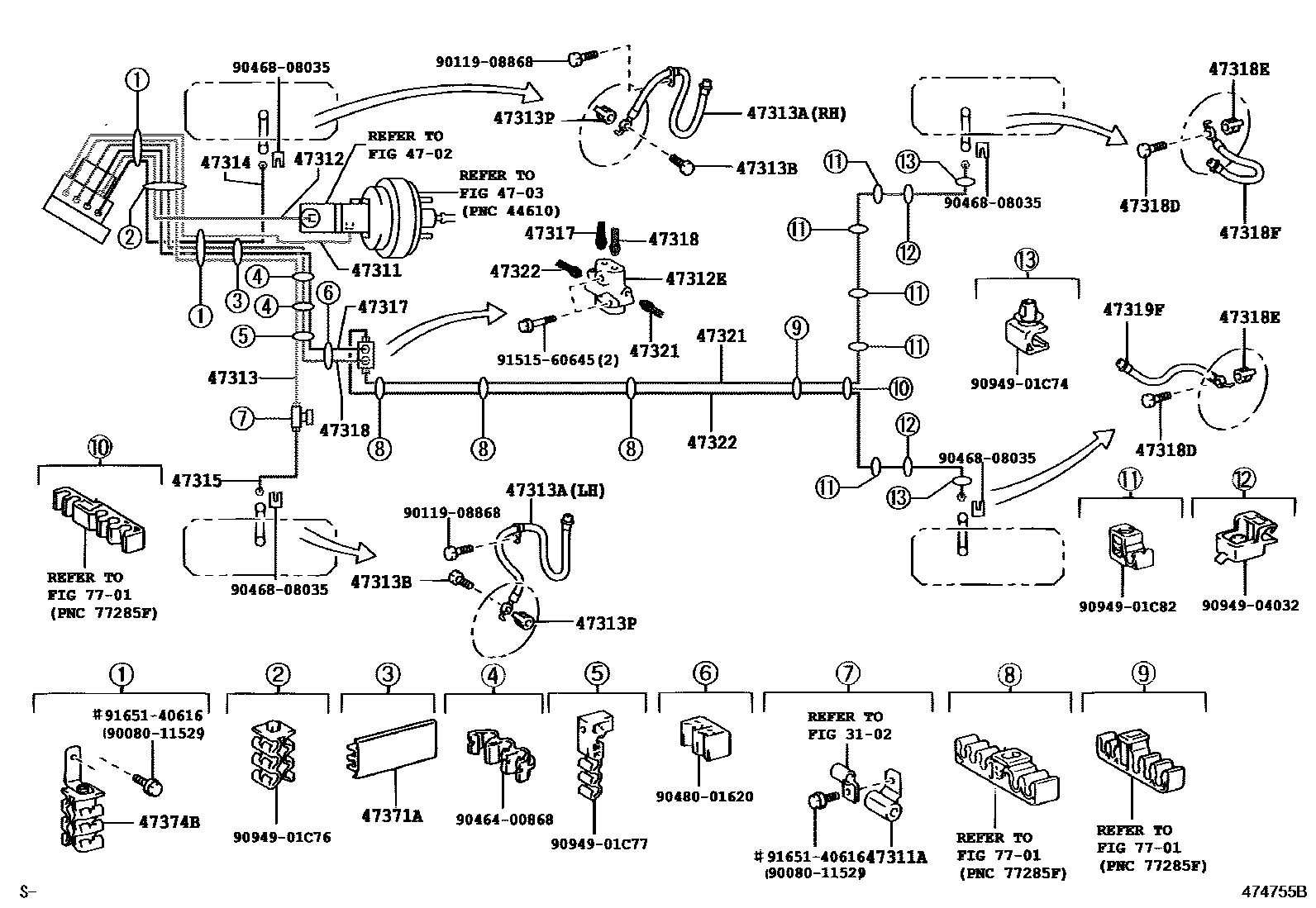 Toyota COROLLA 制动配管和卡箍 EPC diagram — 474755B