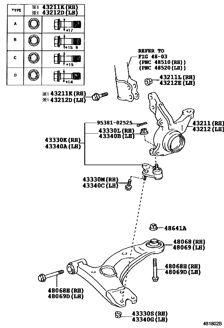 Toyota COROLLA 前桥控制臂和转向节 EPC diagram — 481802B