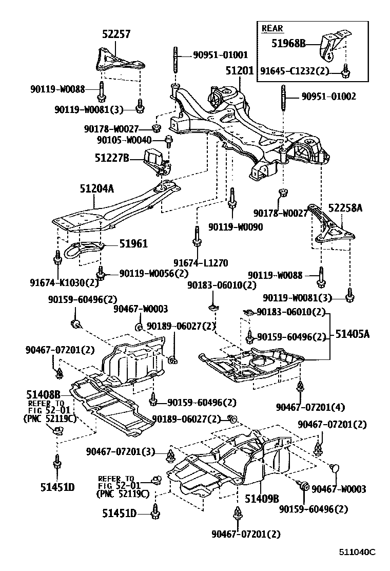 Toyota COROLLA 悬架横梁和发动机底罩 EPC diagram — 511040C
