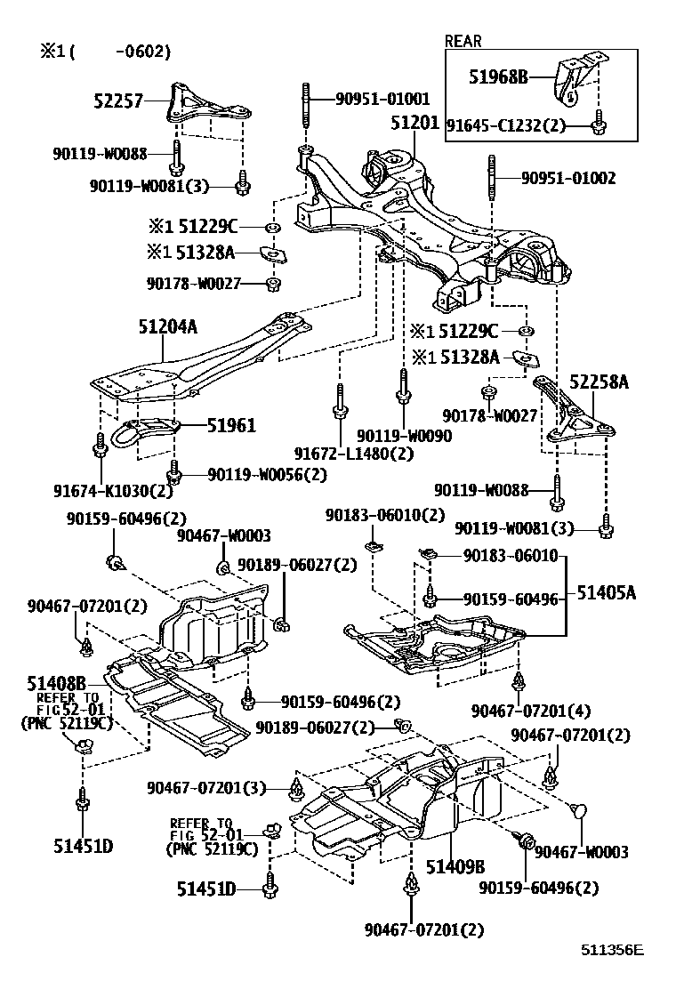 Toyota COROLLA 悬架横梁和发动机底罩 EPC diagram — 511356E