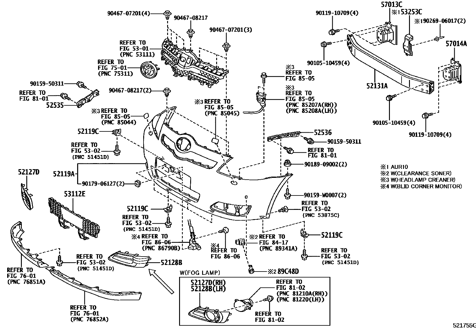 Toyota COROLLA 前保险杠及附件 EPC diagram — 521755G