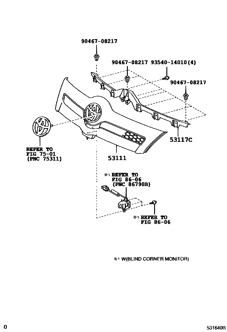 Toyota COROLLA radiator grille EPC diagram — 531640B