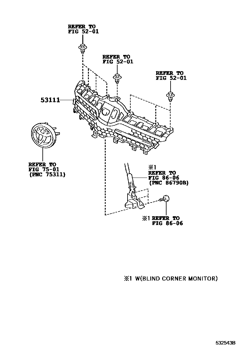 Toyota COROLLA radiator grille EPC diagram — 532543B