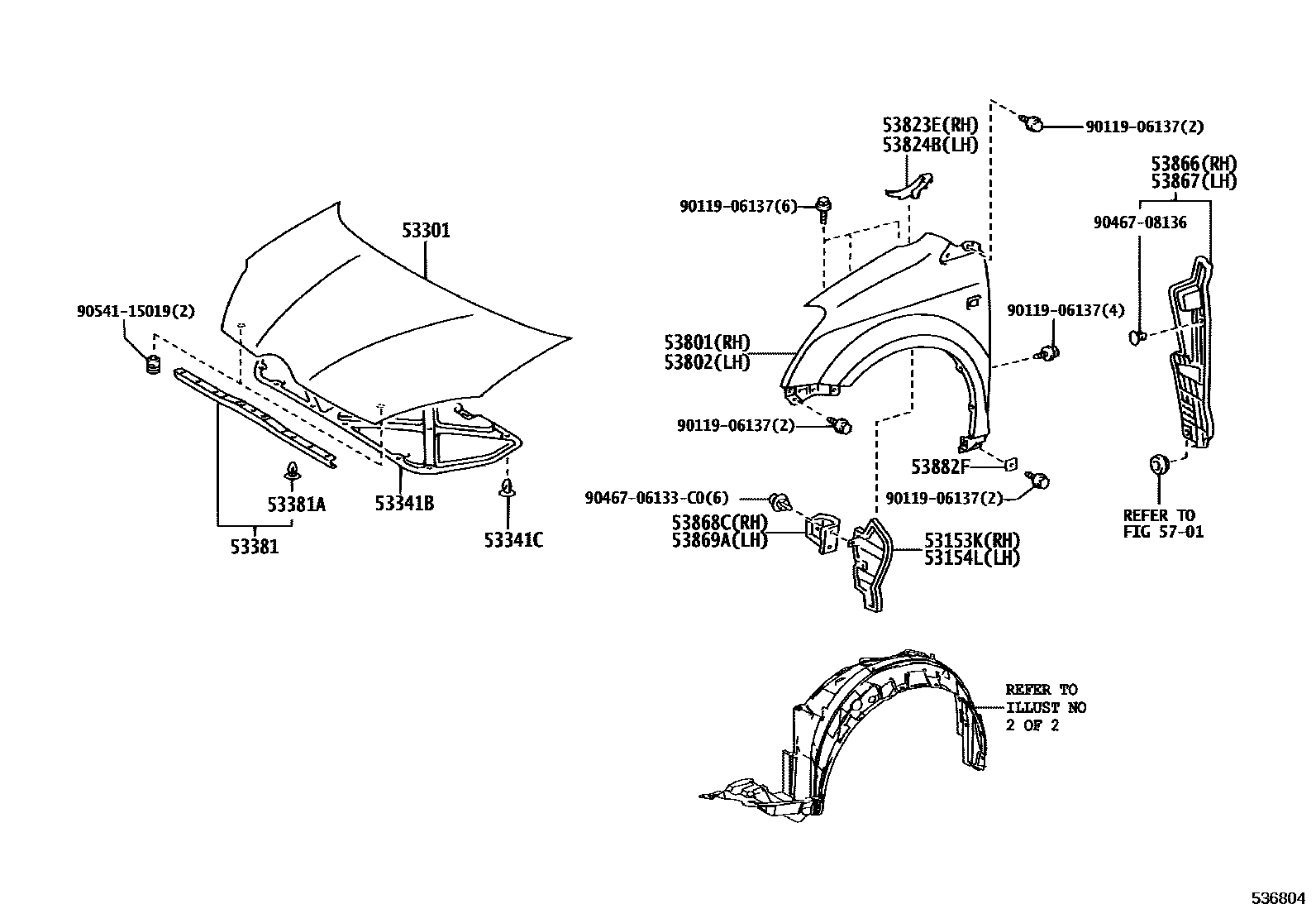 Toyota COROLLA 发动机盖和前翼子板 EPC diagram — 536804