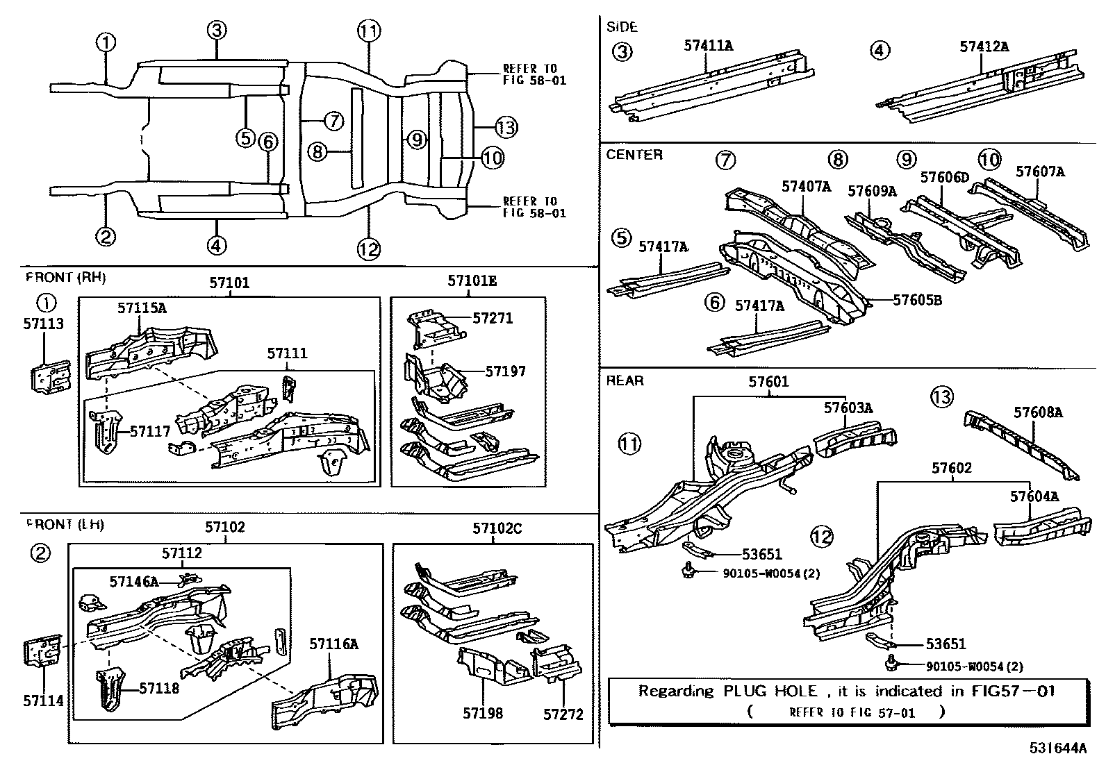 Toyota COROLLA Floor stringers EPC diagram — 531644A