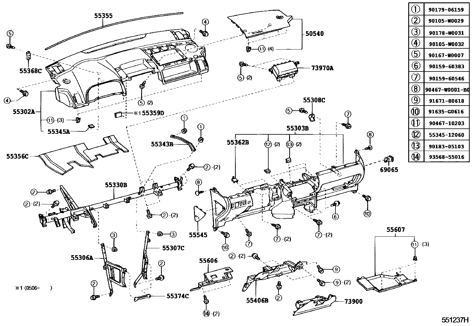 Toyota COROLLA 仪表板和手套箱 EPC diagram — 551237H