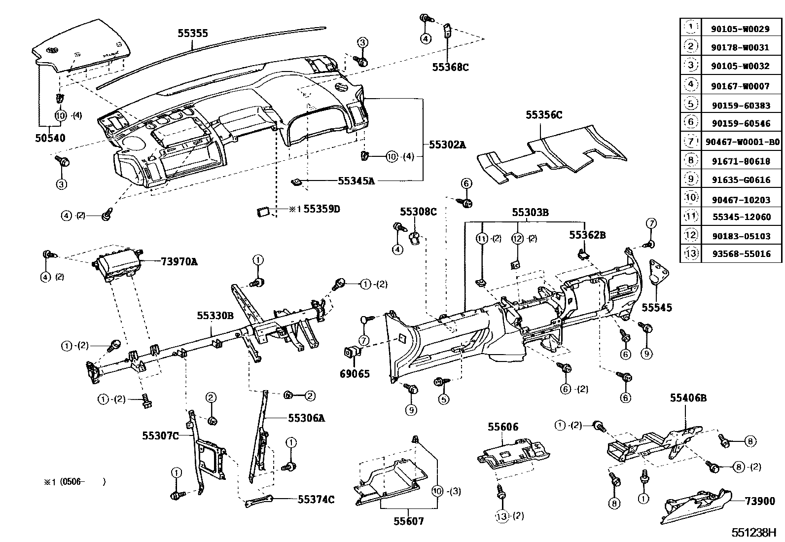 Toyota COROLLA 仪表板和手套箱 EPC diagram — 551238H
