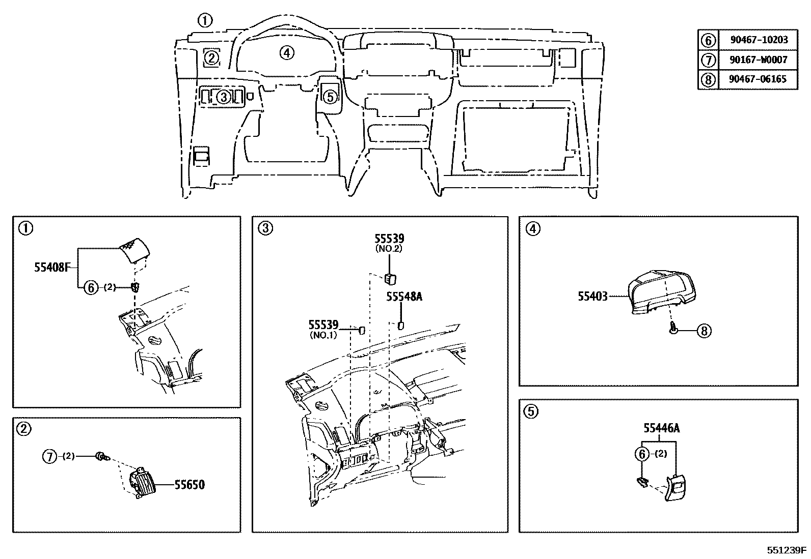 Toyota COROLLA 仪表板和手套箱 EPC diagram — 551239F