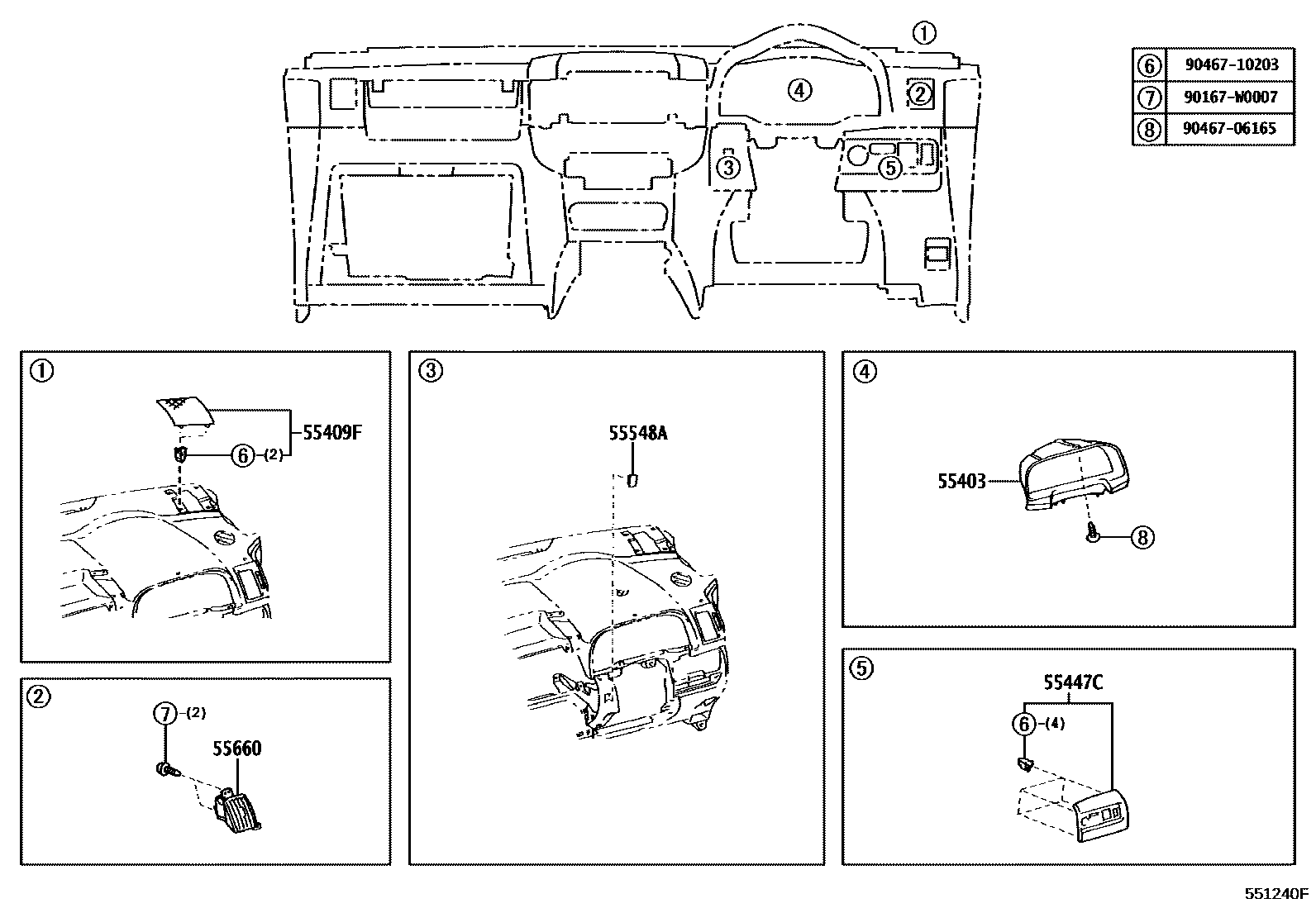 Toyota COROLLA 仪表板和手套箱 EPC diagram — 551240F