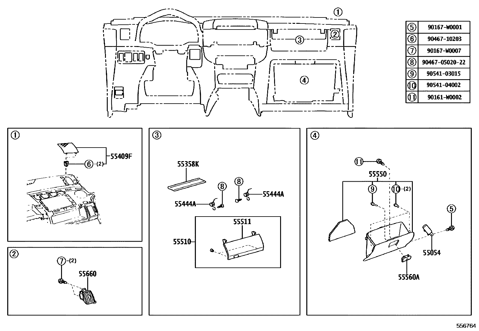 Toyota COROLLA 仪表板和手套箱 EPC diagram — 556764