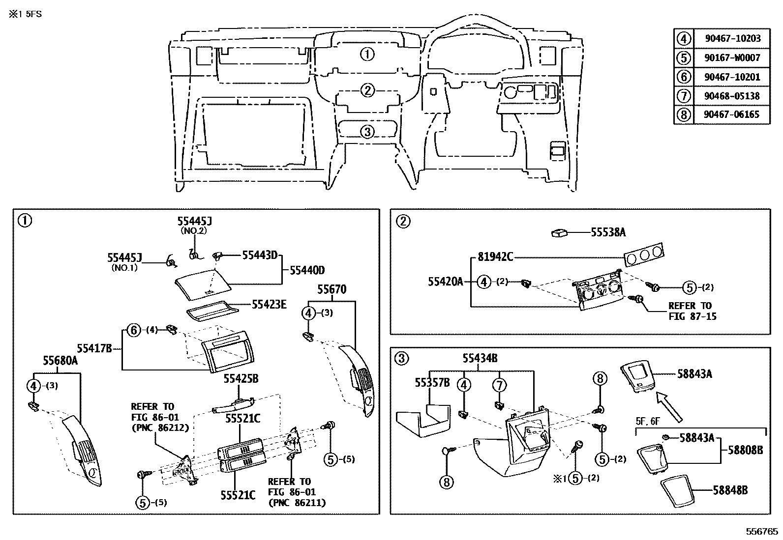 Toyota COROLLA 仪表板和手套箱 EPC diagram — 556765