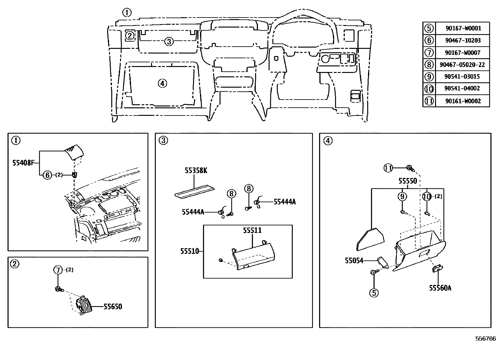 Toyota COROLLA 仪表板和手套箱 EPC diagram — 556766