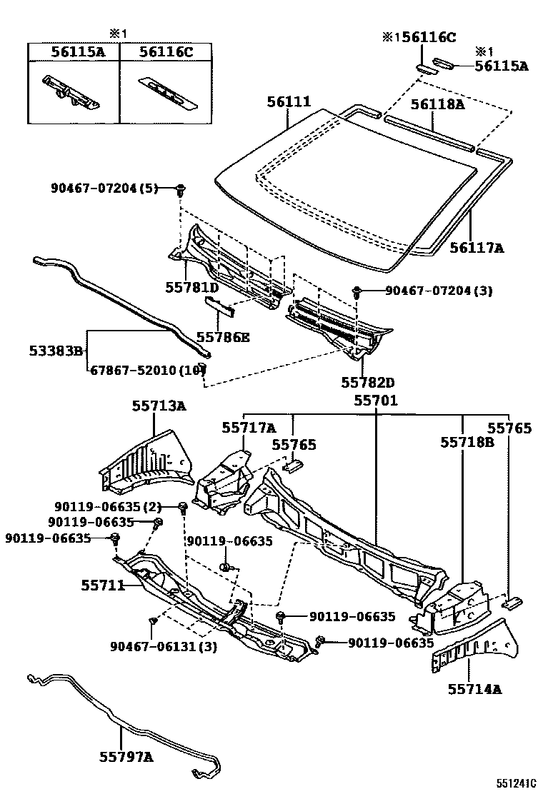 Toyota COROLLA 前围板和挡风玻璃 EPC diagram — 551241C