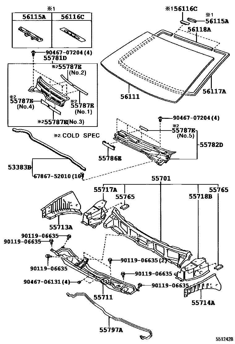 Toyota COROLLA 前围板和挡风玻璃 EPC diagram — 551242B