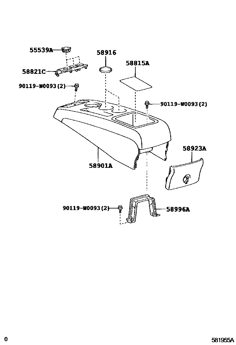 Toyota COROLLA 中央扶手箱和支架 EPC diagram — 581955B