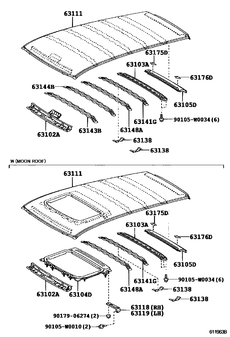 Toyota COROLLA 天窗板和背窗玻璃 EPC diagram — 611963B