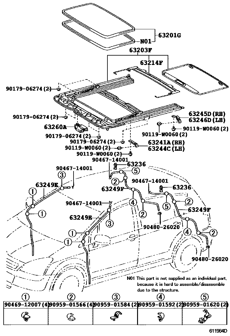 Toyota COROLLA 天窗板和背窗玻璃 EPC diagram — 611964D