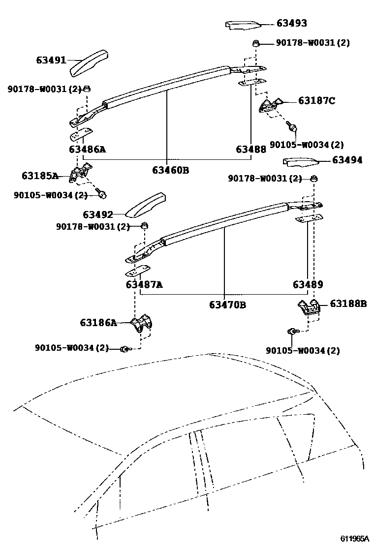 Toyota COROLLA 天窗板和背窗玻璃 EPC diagram — 611965A