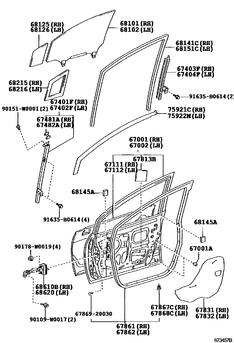 Toyota COROLLA 前门板和前门玻璃 EPC diagram — 673457B