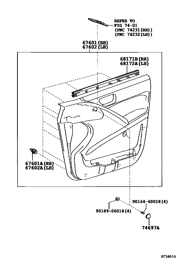 Toyota COROLLA 前门板和前门玻璃 EPC diagram — 673461A