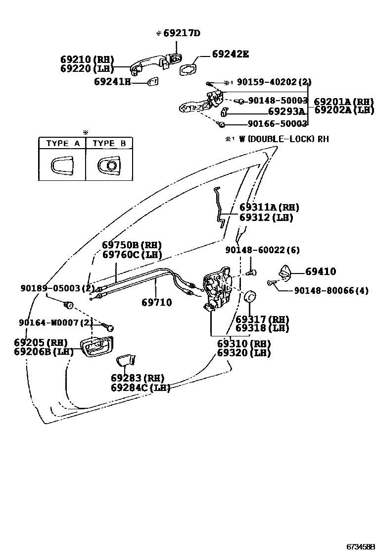 Toyota COROLLA 前门锁和车门把手 EPC diagram — 673458B