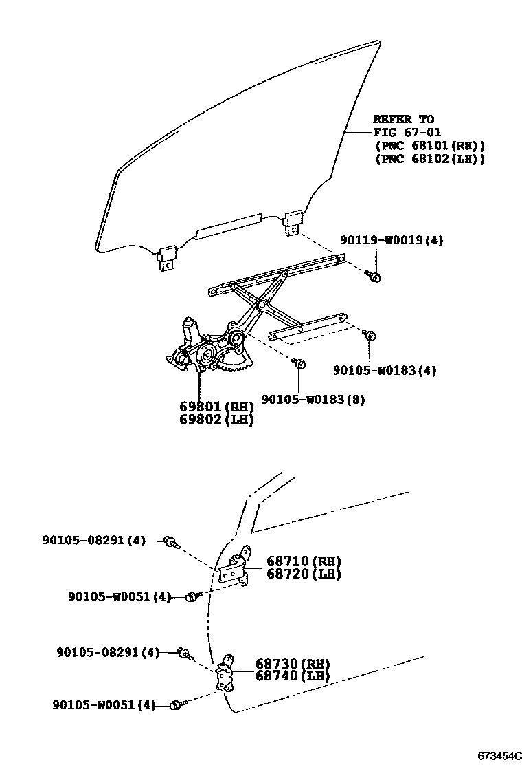 Toyota COROLLA 前门车窗升降器和合页 EPC diagram — 673454C