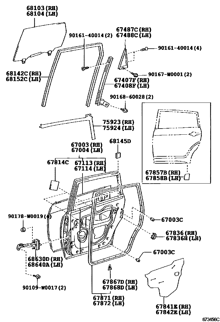 Toyota COROLLA 后门板和后门玻璃 EPC diagram — 673456C