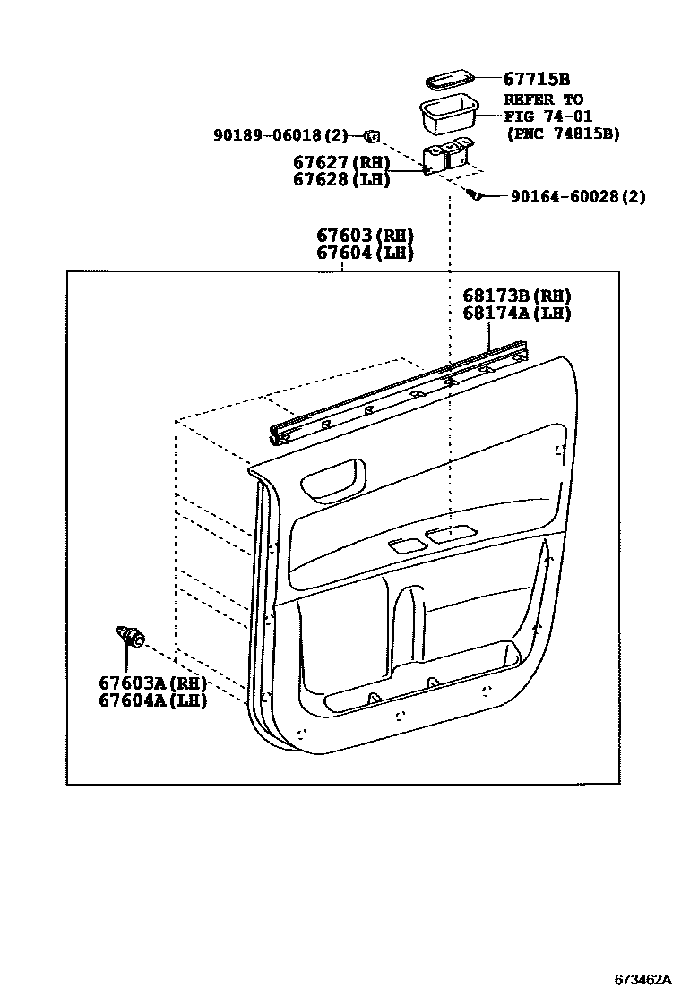 Toyota COROLLA 后门板和后门玻璃 EPC diagram — 673462A