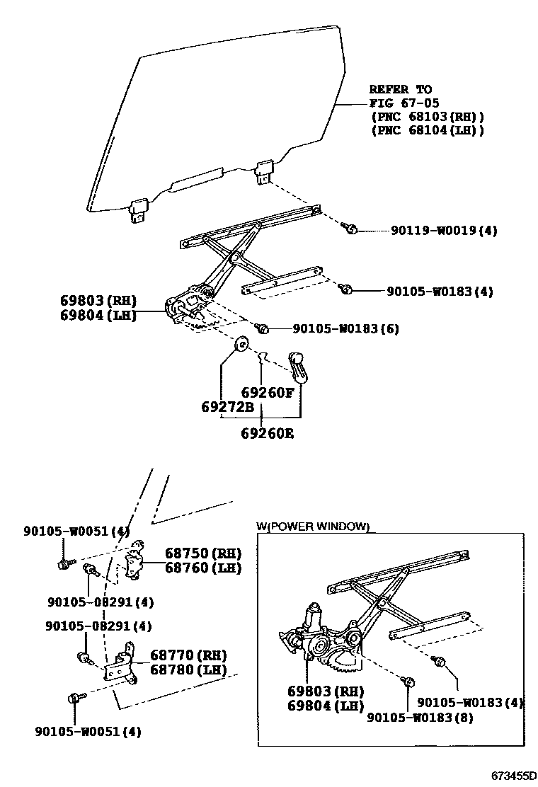 Toyota COROLLA 后门车窗升降器和合页 EPC diagram — 673455D